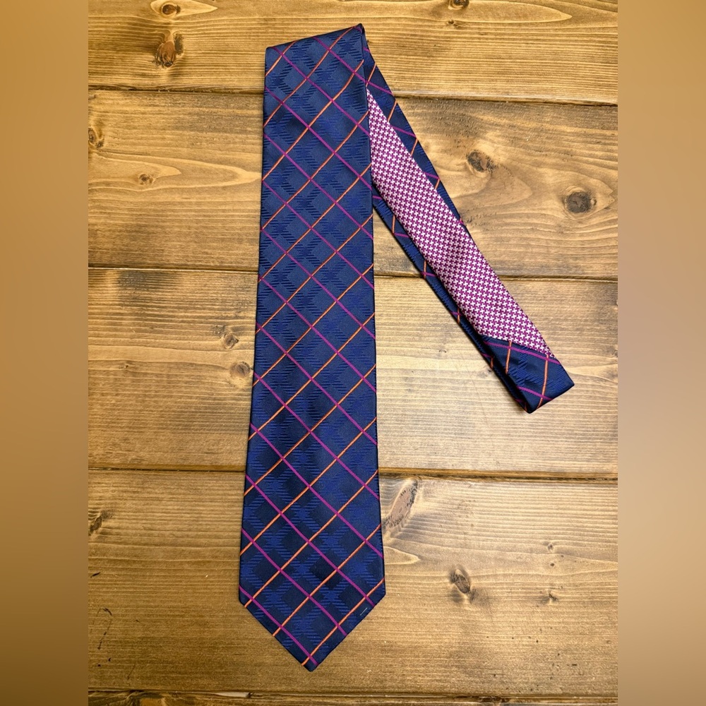 Tommy Hilfiger Navy and Pink Grid Tie 58"